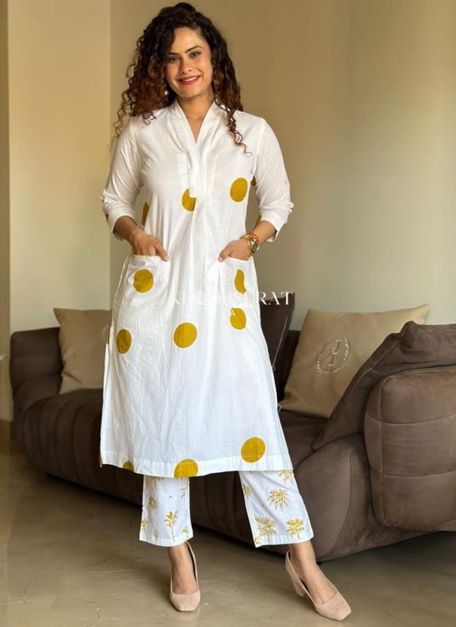 Pure Cotton White Yellow Casual Wear Block Printed Kurti With Pant
